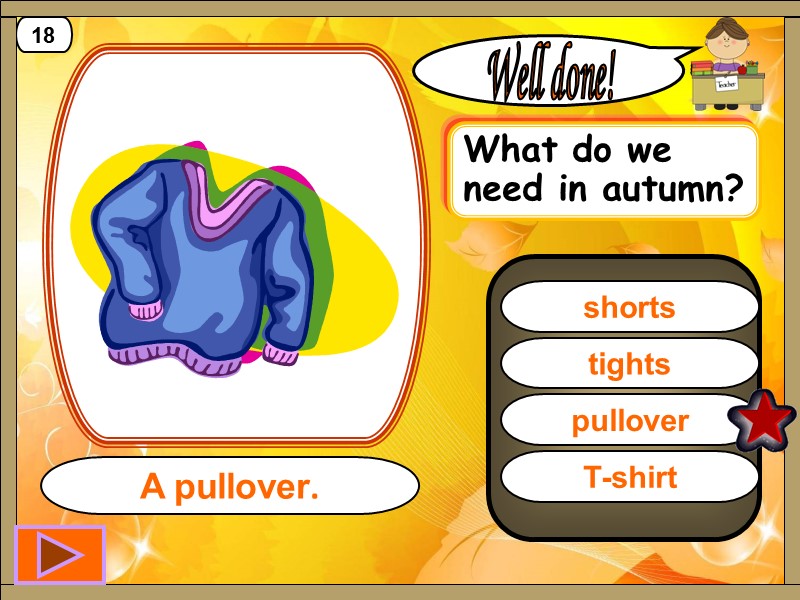 pullover Well done! A pullover. 18 tights shorts T-shirt What do we need in